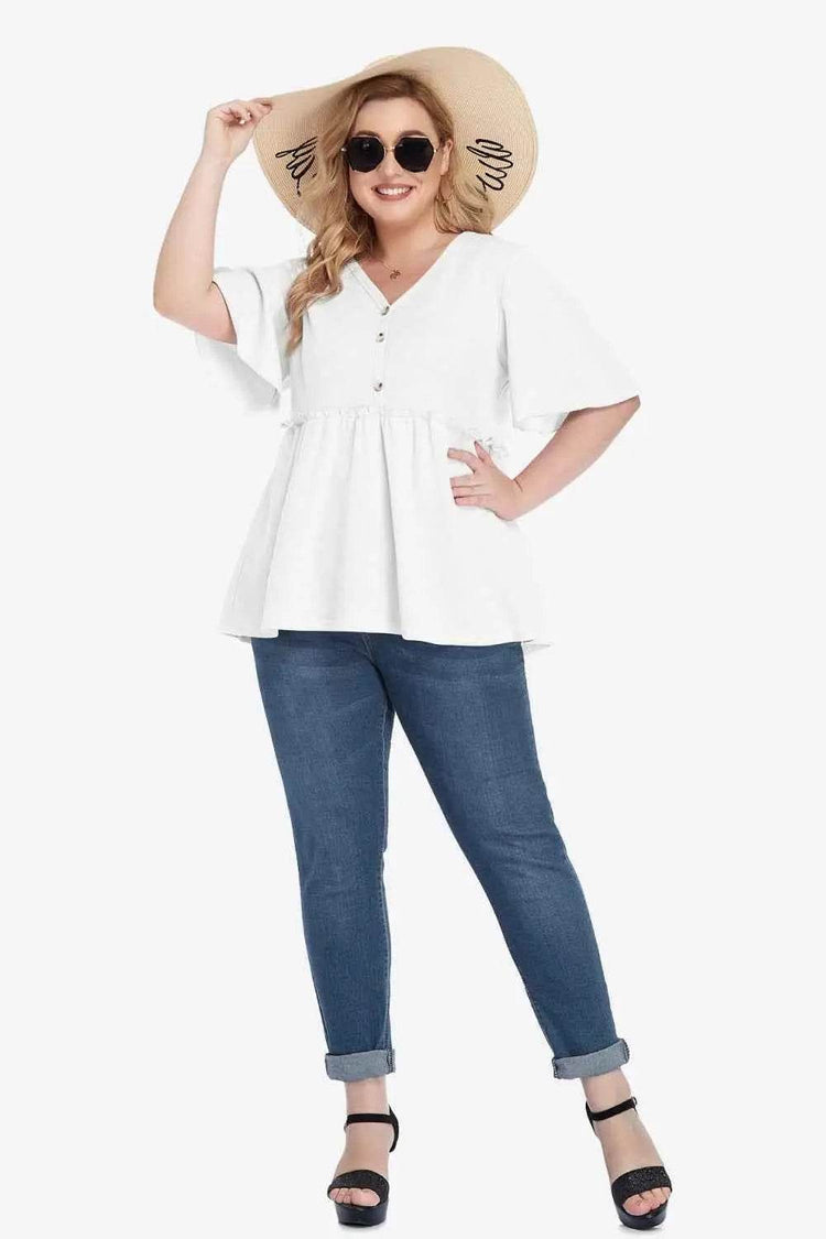 Plus Size Buttoned V-Neck Frill Trim Babydoll Blouse - GiFTiFY