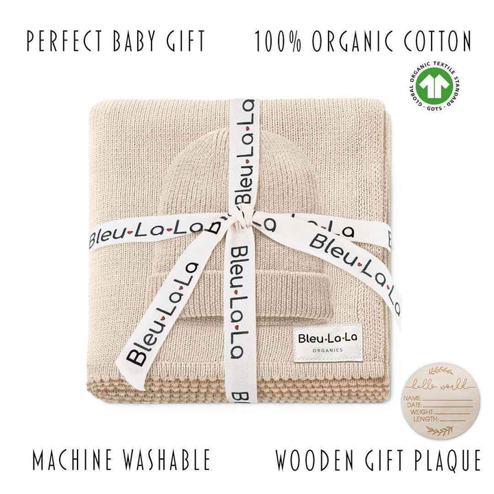 Luxe Collection 100% Organic Cotton Luxury Knit Baby Blanket + Hat Set with Gift Box - GiFTiFY