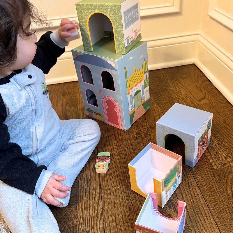 Stacking Houses (Set of 5 Houses and 3 Hardwood Characters) by Lala + Mo