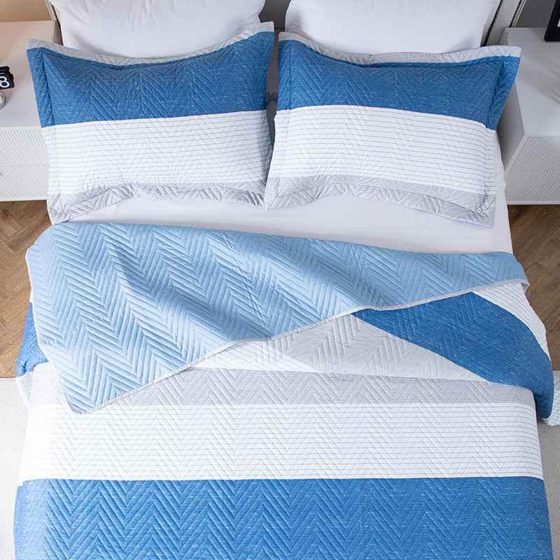Kasentex Lightweight Reversible Stripe Quilt Set Bedding- Sky Blue and Ivory White, Room Decor, Graduation Gifts, Father&