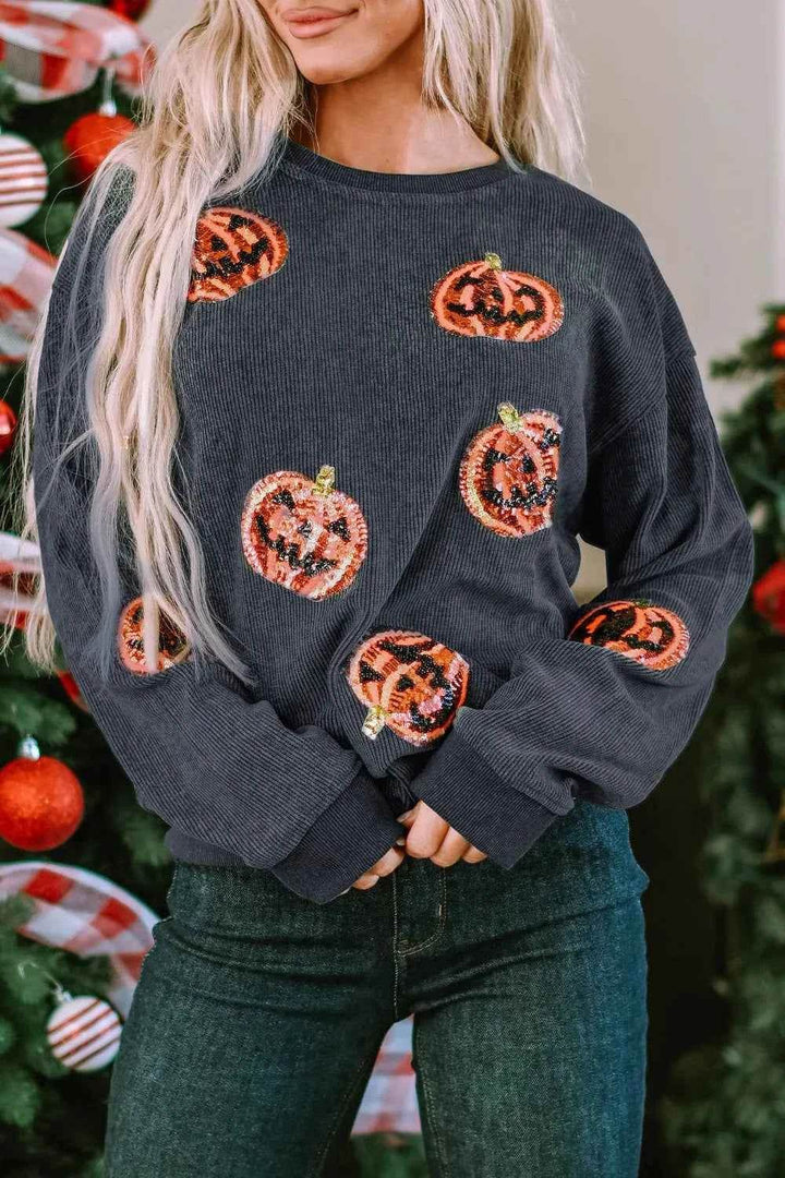 Sequin Patch Pumpkin Round Neck Sweatshirt - GiFTiFY