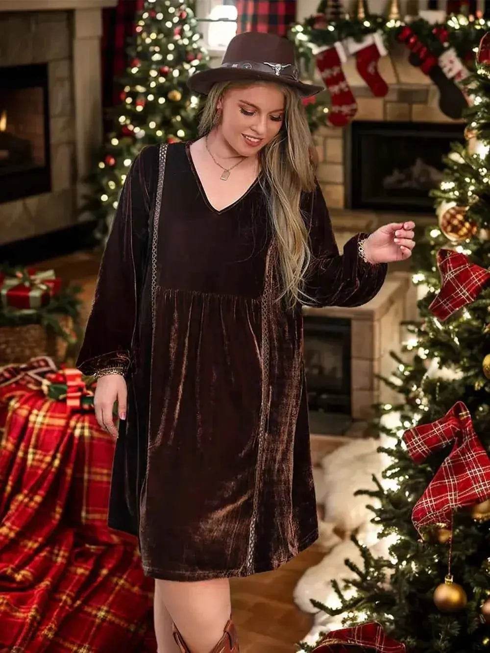Plus Size V-Neck Balloon Sleeves Dress women Attire by Trendsi