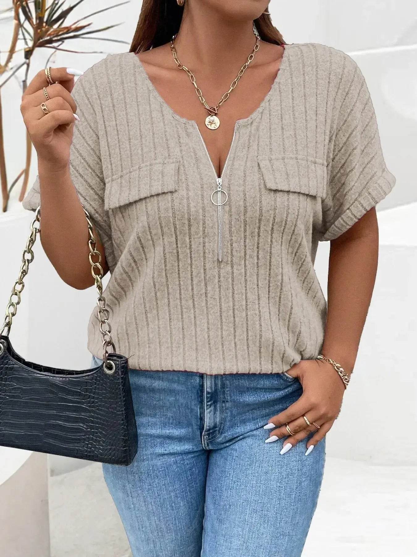 Plus Size Ribbed Half Zip Relaxed Fit T-Shirt - GiFTiFY