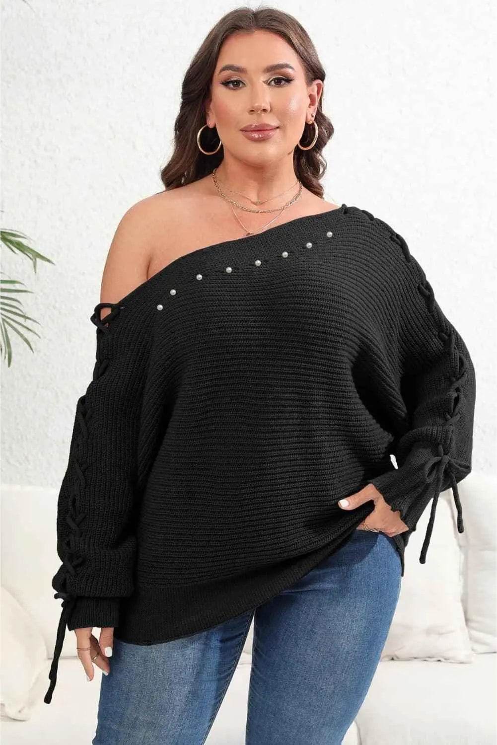 Plus Size One Shoulder Beaded Sweater - GiFTiFY
