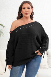 Plus Size One Shoulder Beaded Sweater - GiFTiFY