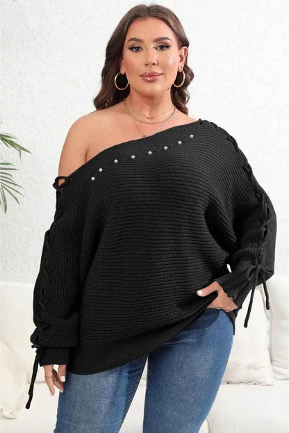 Plus Size One Shoulder Beaded Sweater - GiFTiFY