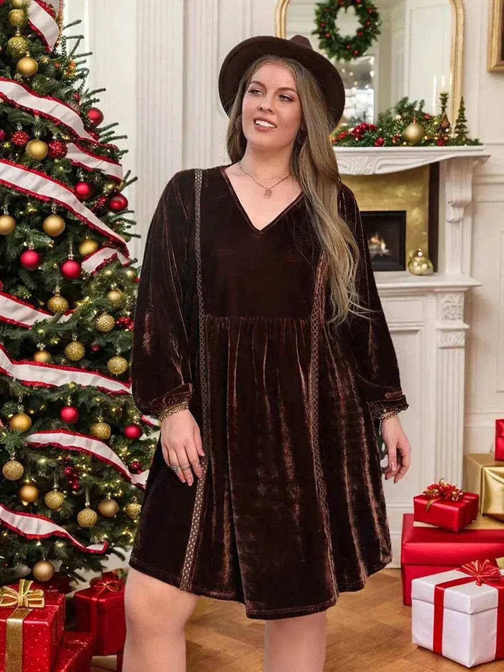 Plus Size V-Neck Balloon Sleeves Dress - GiFTiFY