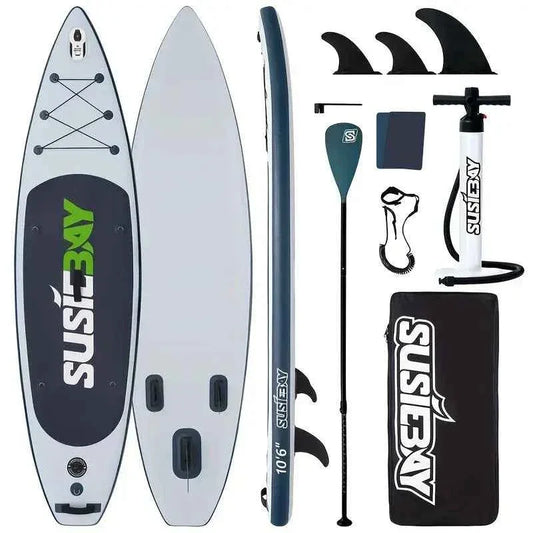 Adult inflatable upright paddleboard, 10.6ft inflatable yoga board, super surfboard with multiple accessories, multi-layer deck, travel backpack, wide upright position suitable for various scenarios, maximum weight capacity of 300 pounds.