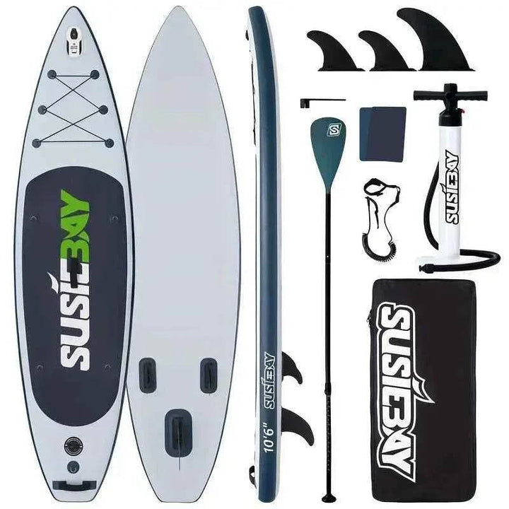 Adult inflatable upright paddleboard, 10.6ft inflatable yoga board, super surfboard with multiple accessories, multi-layer deck, travel backpack, wide upright position suitable for various scenarios, maximum weight capacity of 300 pounds. - GiFTiFY
