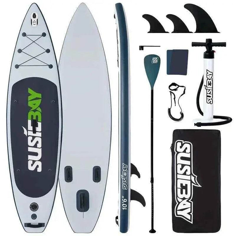 Adult inflatable upright paddleboard, 10.6ft inflatable yoga board, super surfboard with multiple accessories, multi-layer deck, travel backpack, wide upright position suitable for various scenarios, maximum weight capacity of 300 pounds. - GiFTiFY
