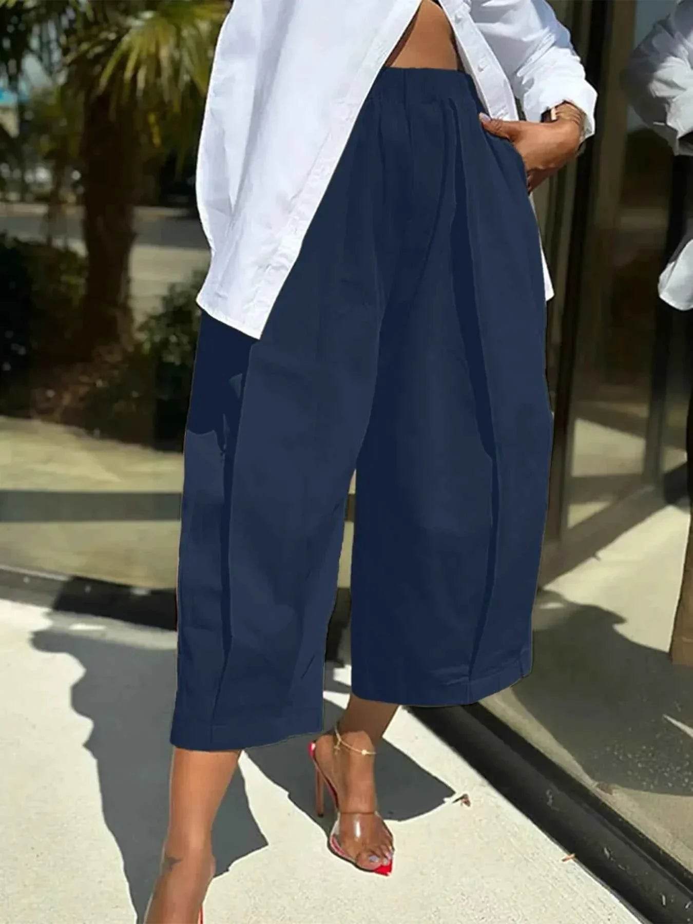 Plus Size Wide Leg Pleated Detail Cropped Pants - GiFTiFY
