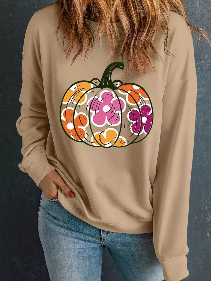 Halloween Floral Pumpkin Graphic Drop Shoulder Sweatshirt - GiFTiFY