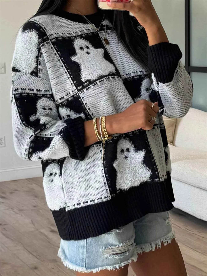 Halloween Ghost Checkered Drop Shoulder Sweater - GiFTiFY