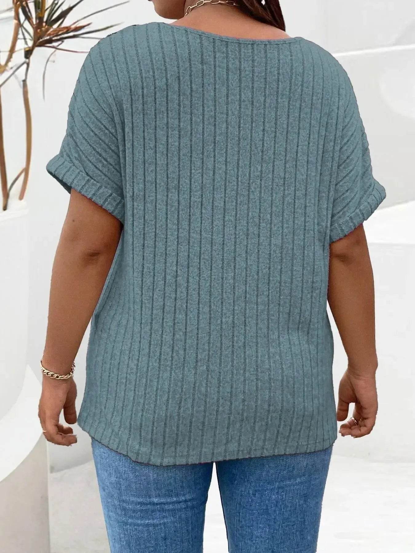 Plus Size Ribbed Half Zip Relaxed Fit T-Shirt - GiFTiFY