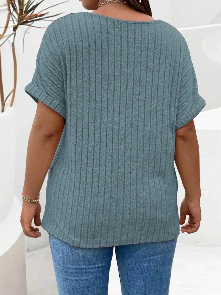 Plus Size Ribbed Half Zip Relaxed Fit T-Shirt - GiFTiFY