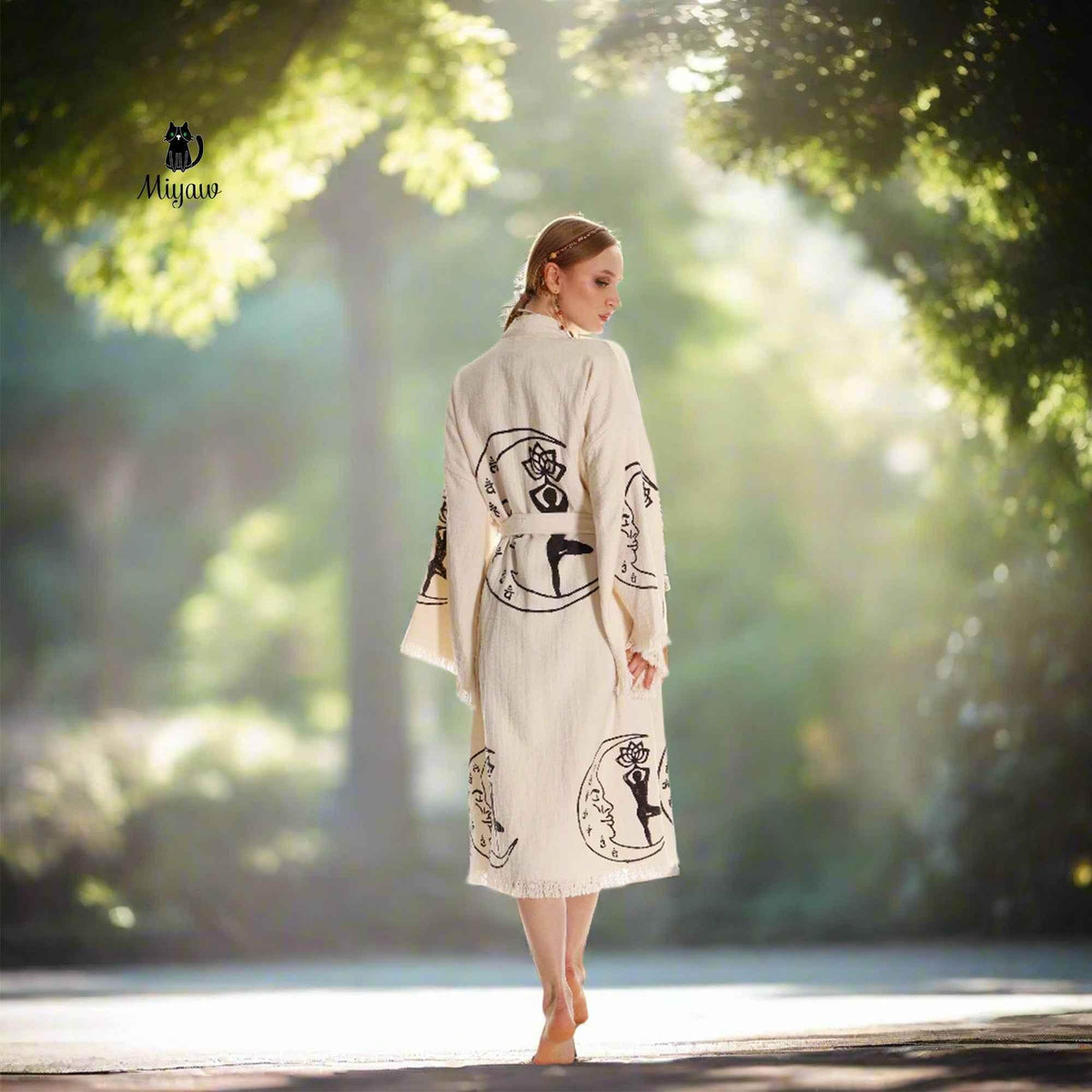 Boho Cotton Kimono Robe – Yoga Girl & Moon Stamp, Organic Loungewear by Miyawfashion
