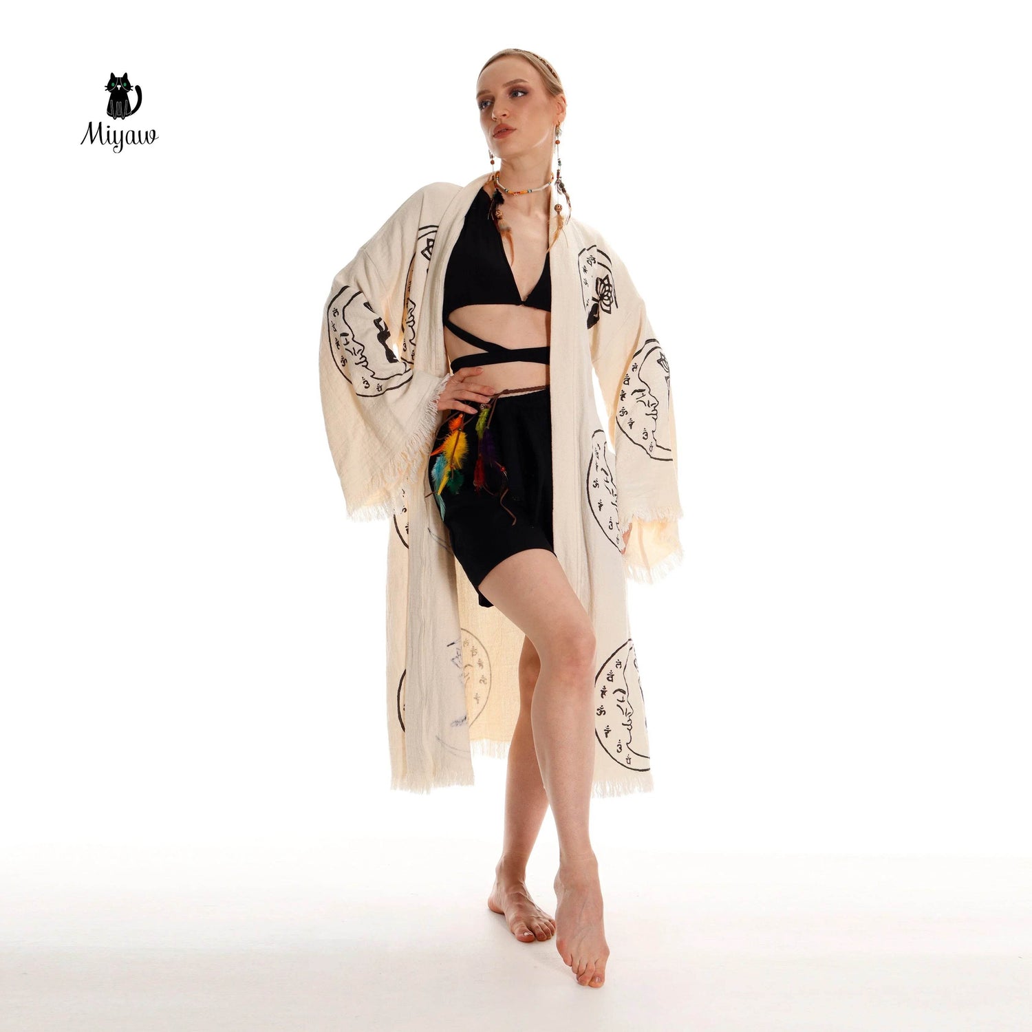 Boho Cotton Kimono Robe – Yoga Girl & Moon Stamp, Organic Loungewear - GiFTiFY