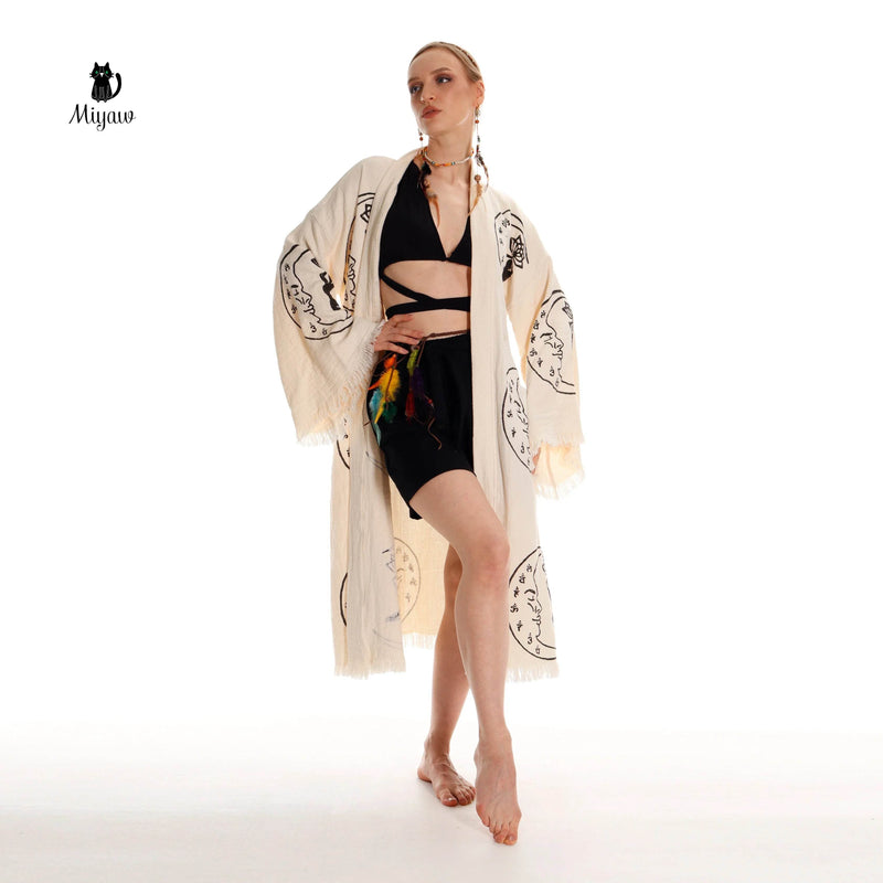 Boho Cotton Kimono Robe – Yoga Girl & Moon Stamp, Organic Loungewear by Miyawfashion