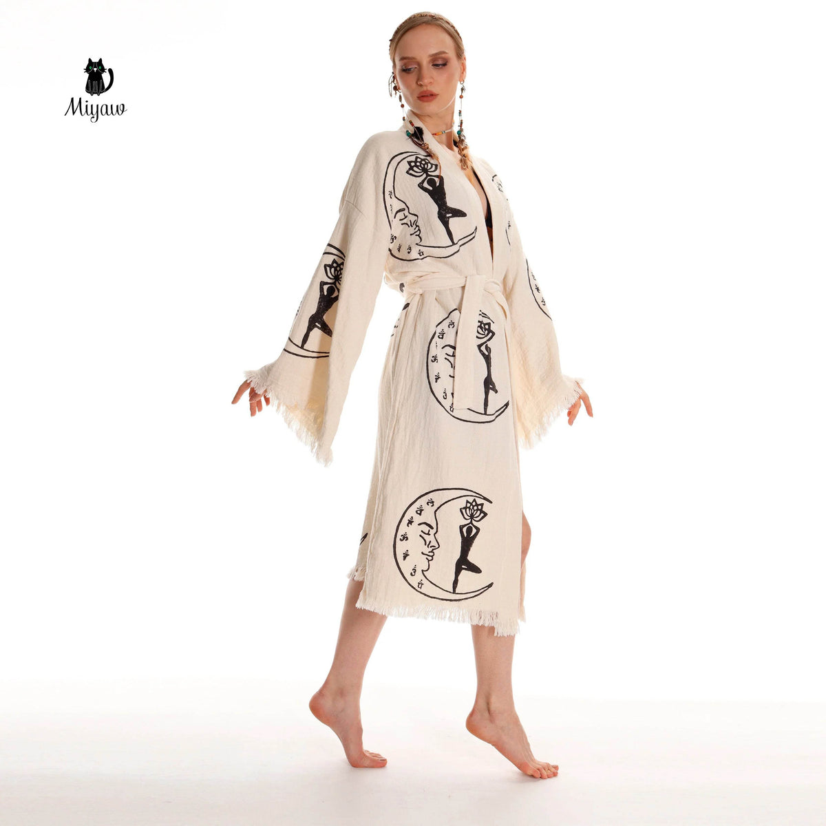 Boho Cotton Kimono Robe – Yoga Girl & Moon Stamp, Organic Loungewear by Miyawfashion