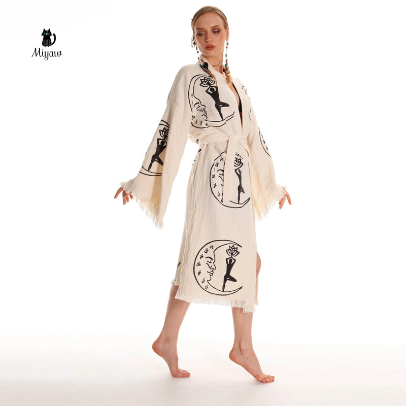 Boho Cotton Kimono Robe – Yoga Girl & Moon Stamp, Organic Loungewear by Miyawfashion