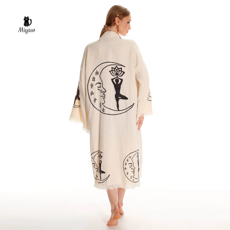 Boho Cotton Kimono Robe – Yoga Girl & Moon Stamp, Organic Loungewear - GiFTiFY