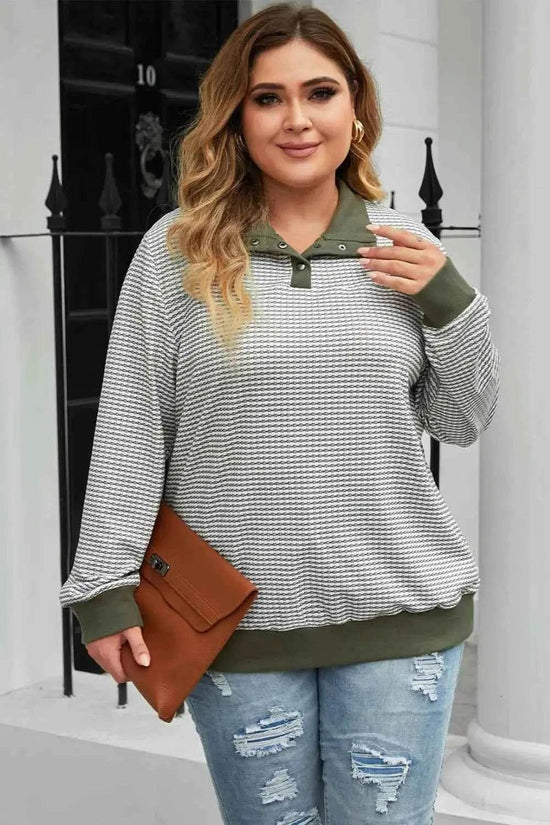 Plus Size Striped Half Snap Long Sleeve Blouse - GiFTiFY