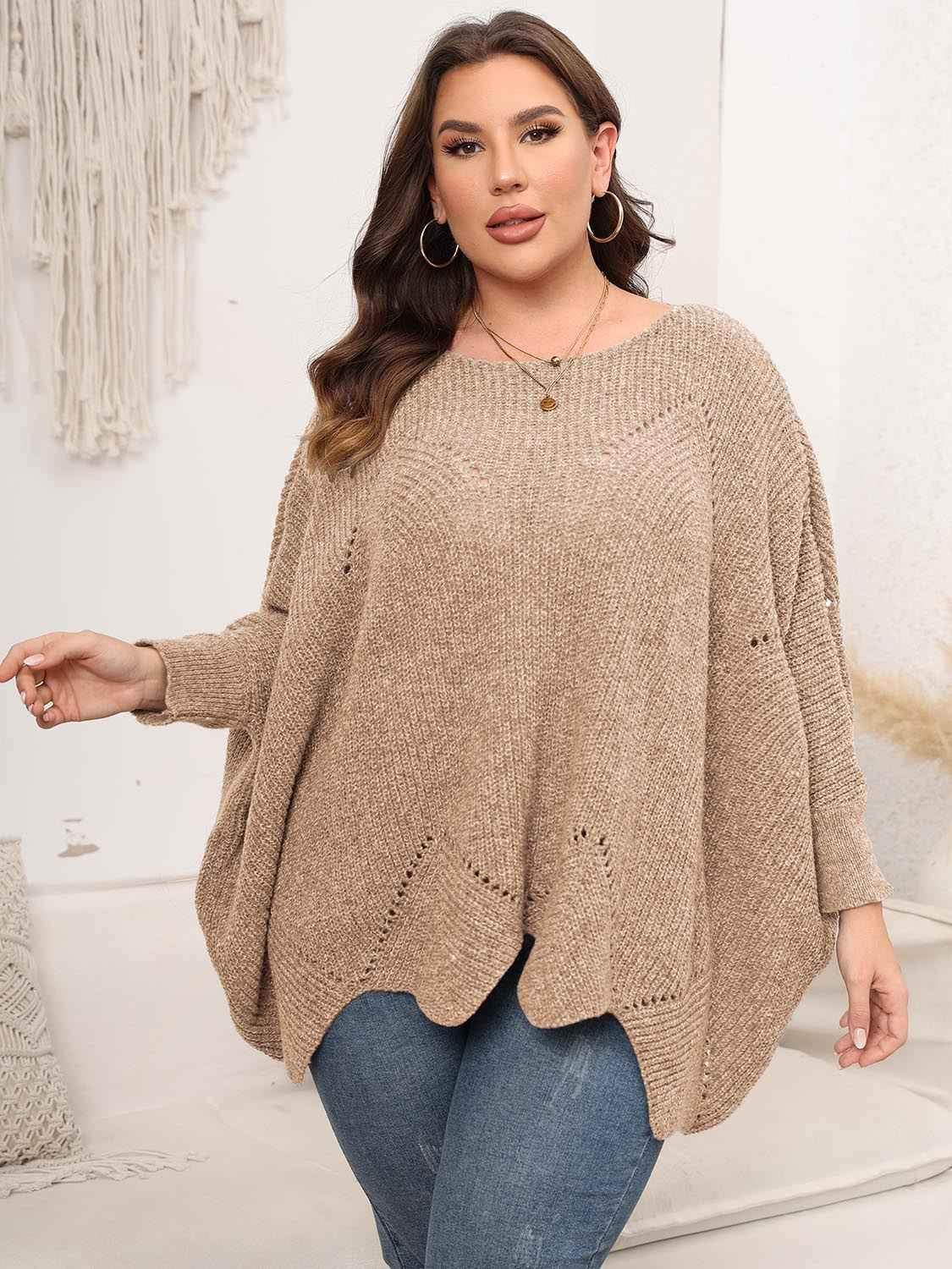 Plus Size Round Neck Batwing Sleeve Sweater - GiFTiFY