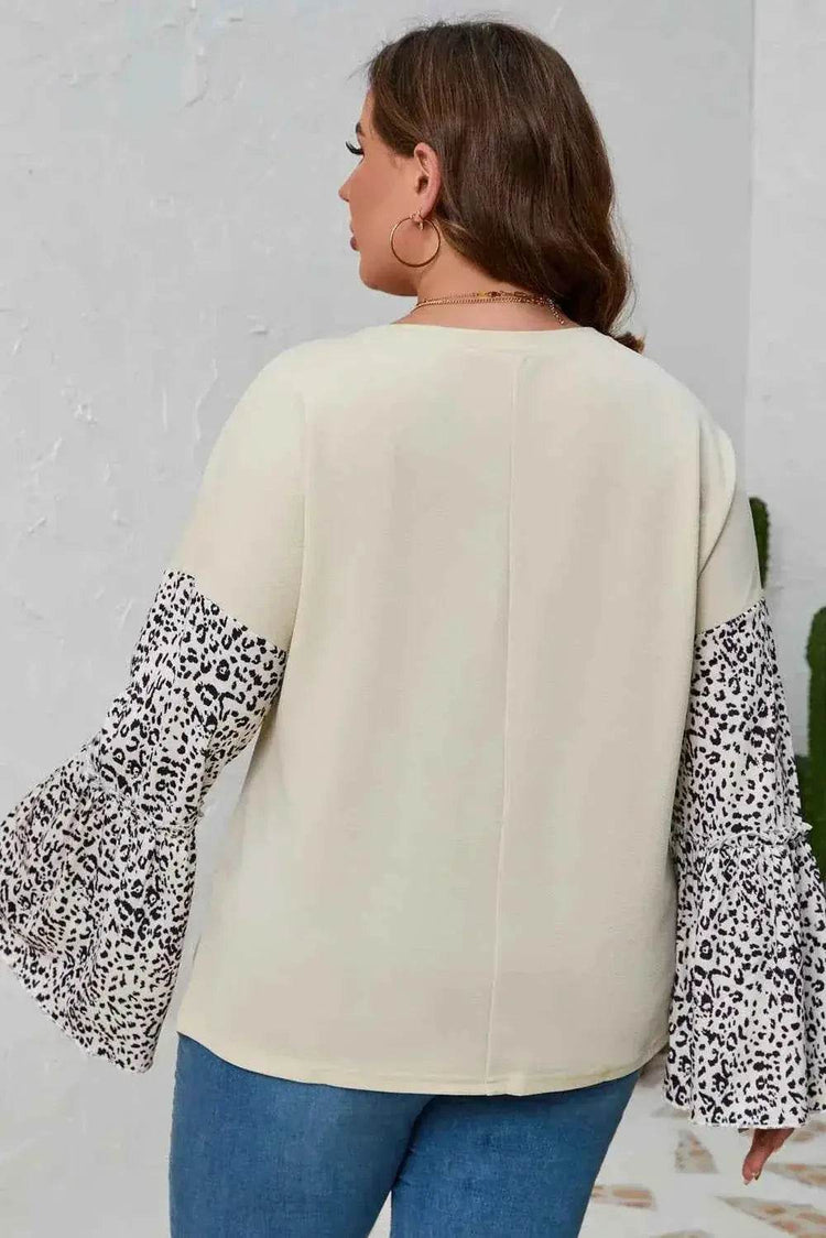 Plus Size Leopard Round Neck Long Sleeve Top - GiFTiFY