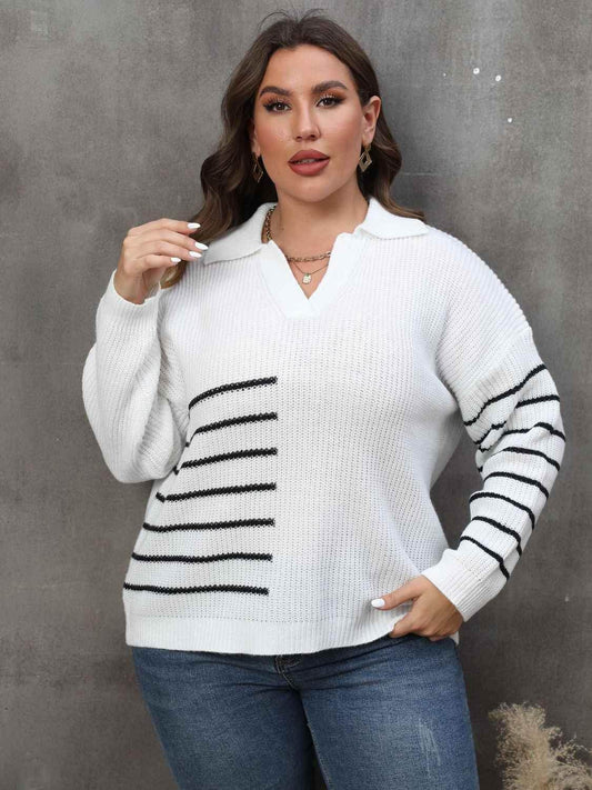 Plus Size Striped V-Neck Sweater - GiFTiFY