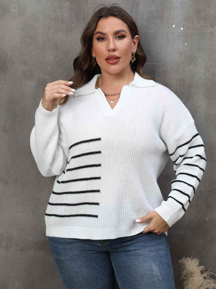 Plus Size Striped V-Neck Sweater - GiFTiFY