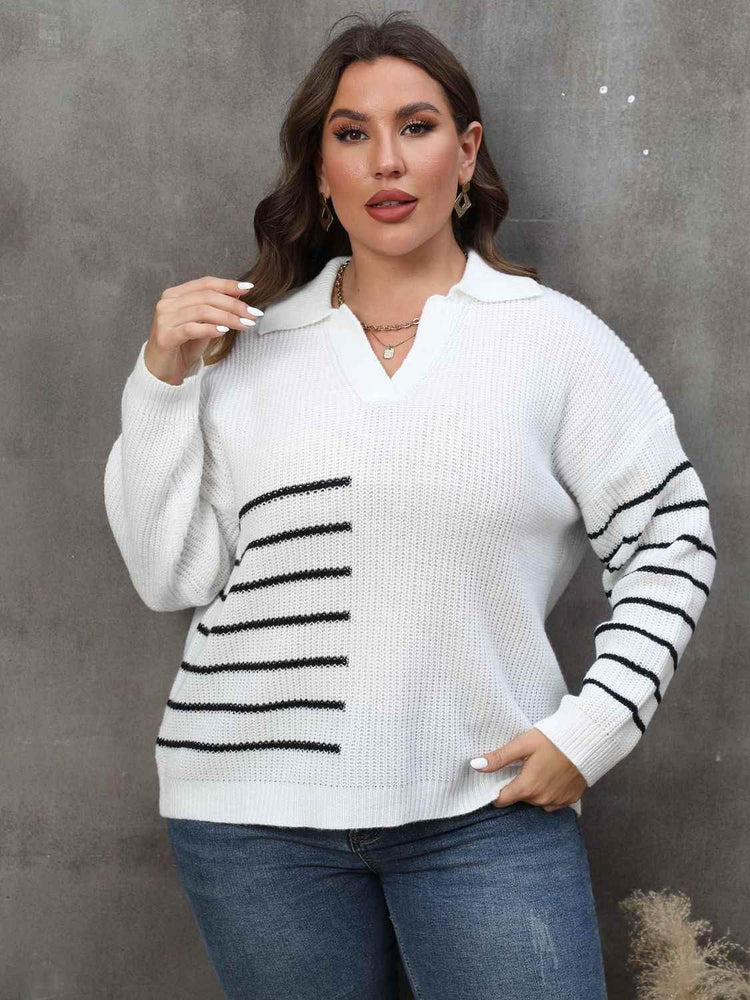 Plus Size Striped V-Neck Sweater - GiFTiFY