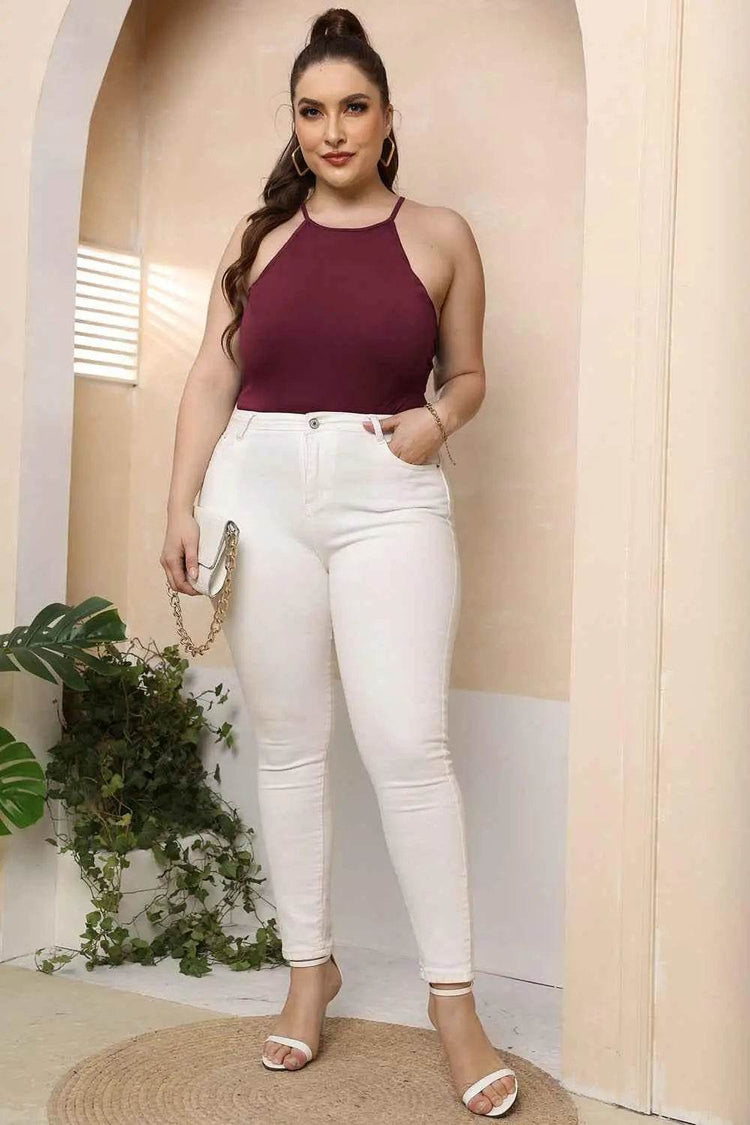 Plus Size Halter Neck Spaghetti Strap Bodysuit - GiFTiFY