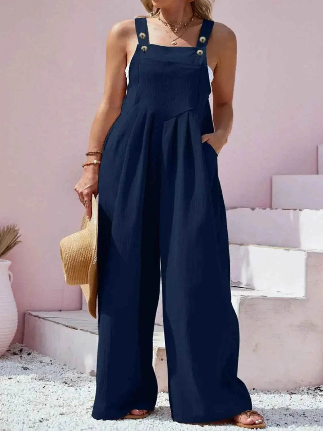 Plus Size Square Neck Wide Leg Overalls - GiFTiFY