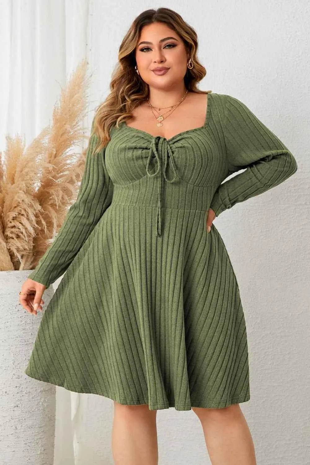 Honey Plus Size Sweetheart Neck Long Sleeve Ribbed Dress - GiFTiFY