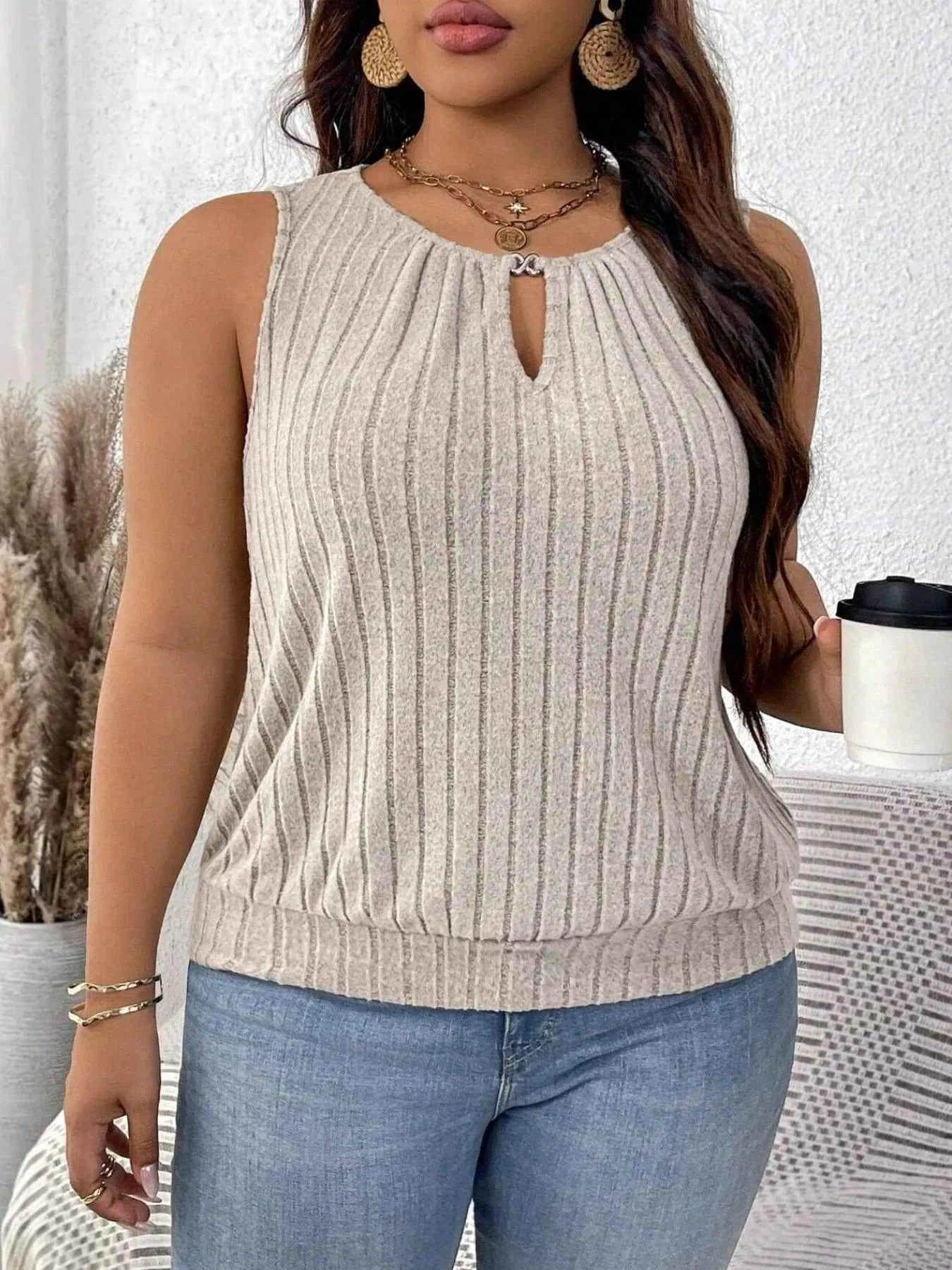 Plus Size Ribbed Knit Keyhole Tank Top - GiFTiFY