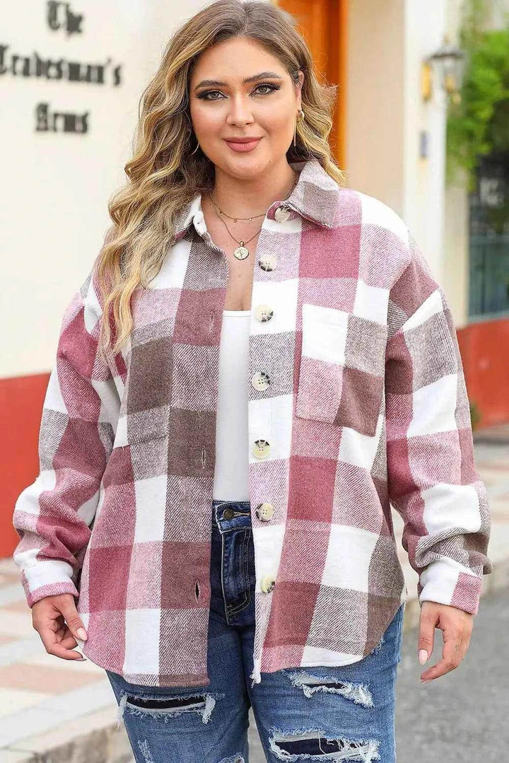 Plus Size Plaid Button Up Collared Neck Jacket - GiFTiFY