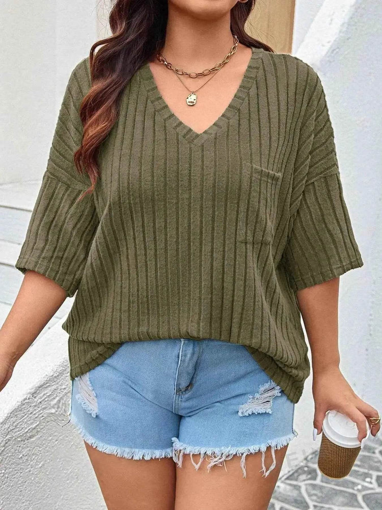 Plus Size V-Neck Ribbed Knit T-Shirt - GiFTiFY