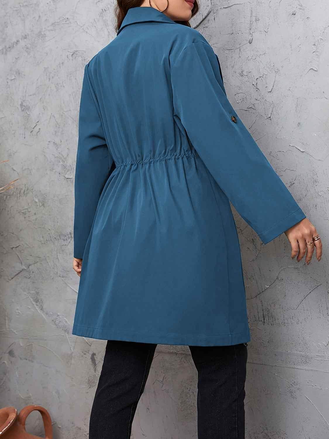 Honey Plus Size Lapel Collar Drawstring Roll-Tab Sleeve Trench Coat - GiFTiFY