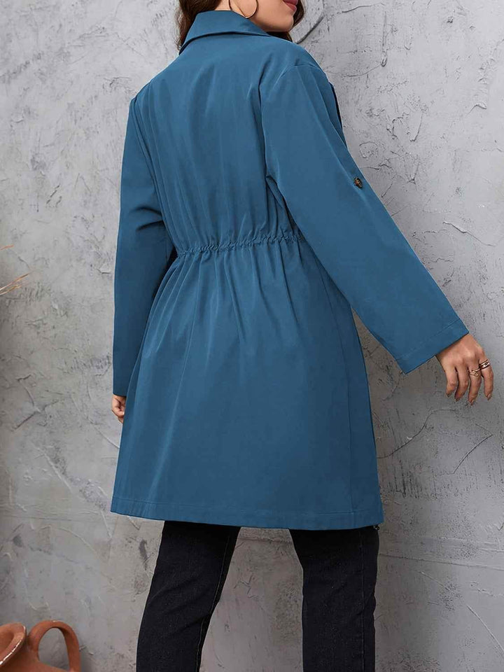 Honey Plus Size Lapel Collar Drawstring Roll-Tab Sleeve Trench Coat - GiFTiFY