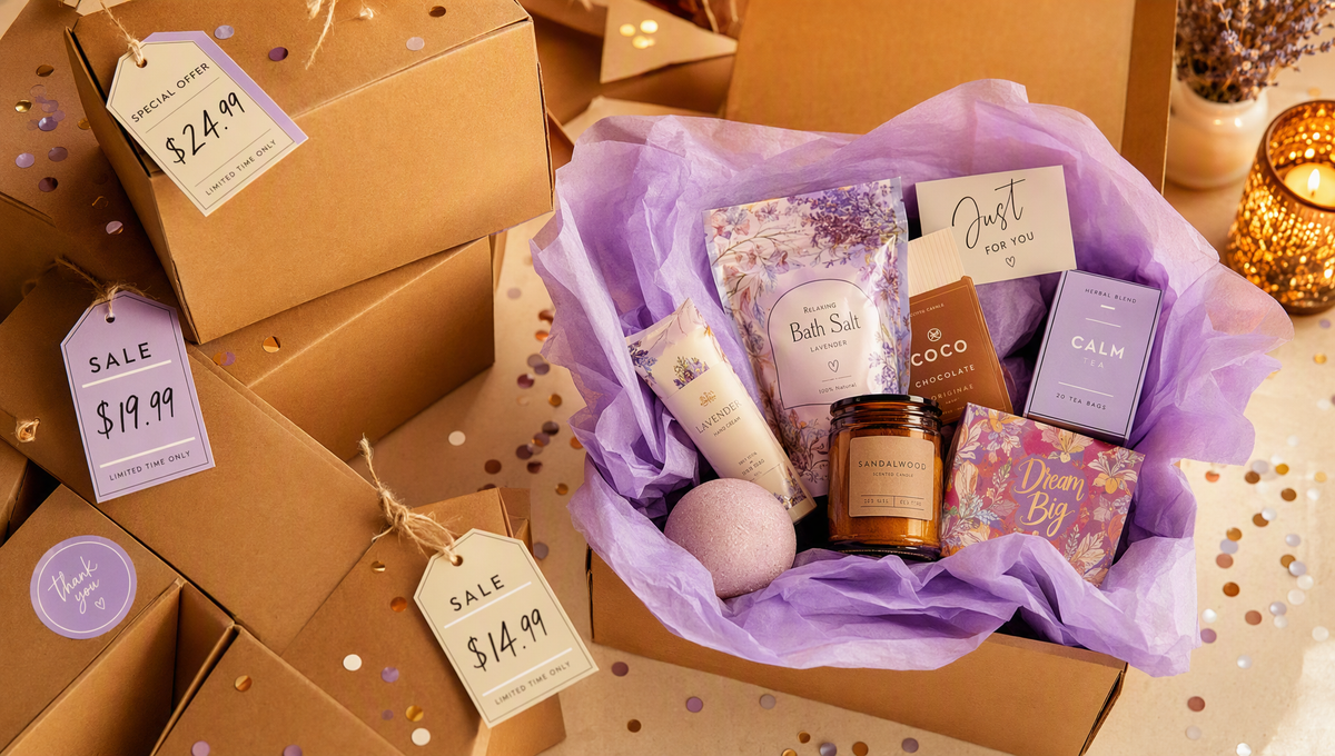 Stacked brown shipping boxes with sale price tags on a warm cream surface, one open to reveal colorful gift products for GiFiFY free shipping