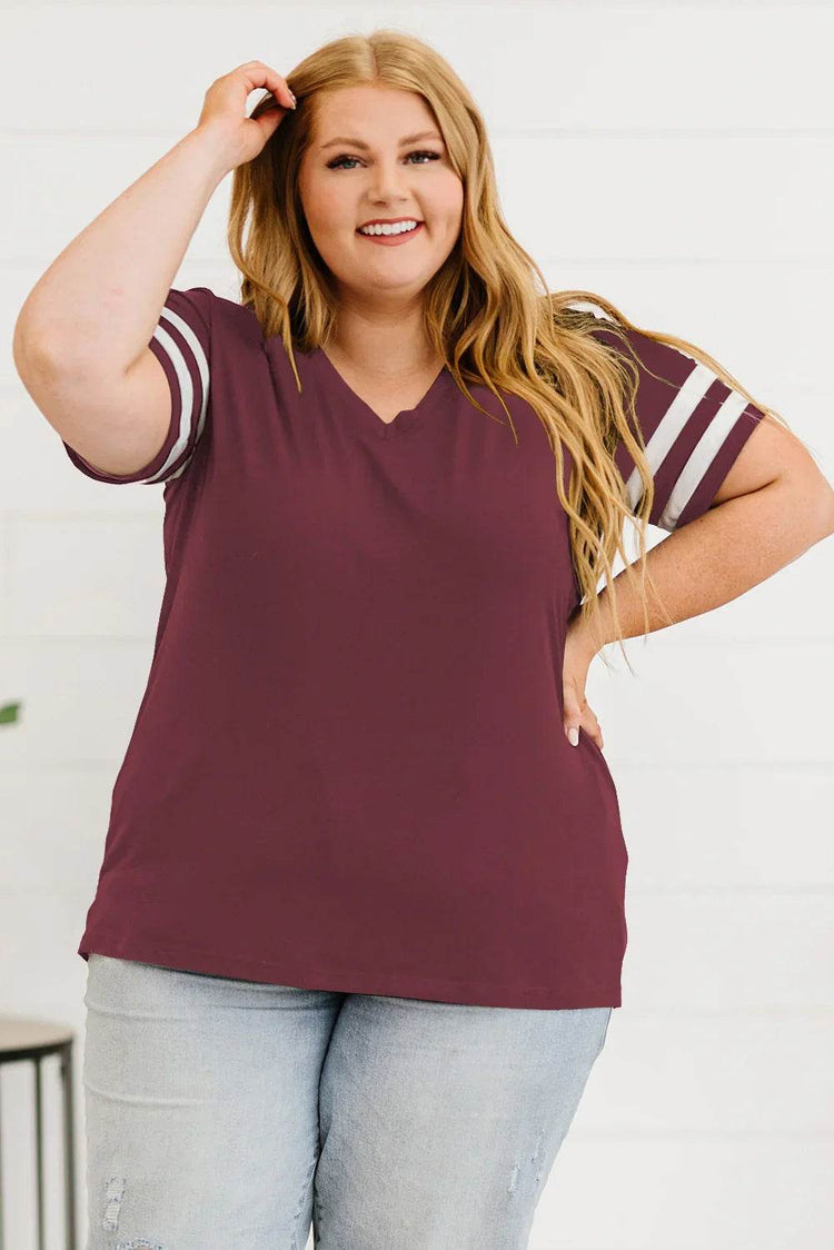 Plus Size Striped V-Neck Tee Shirt - GiFTiFY