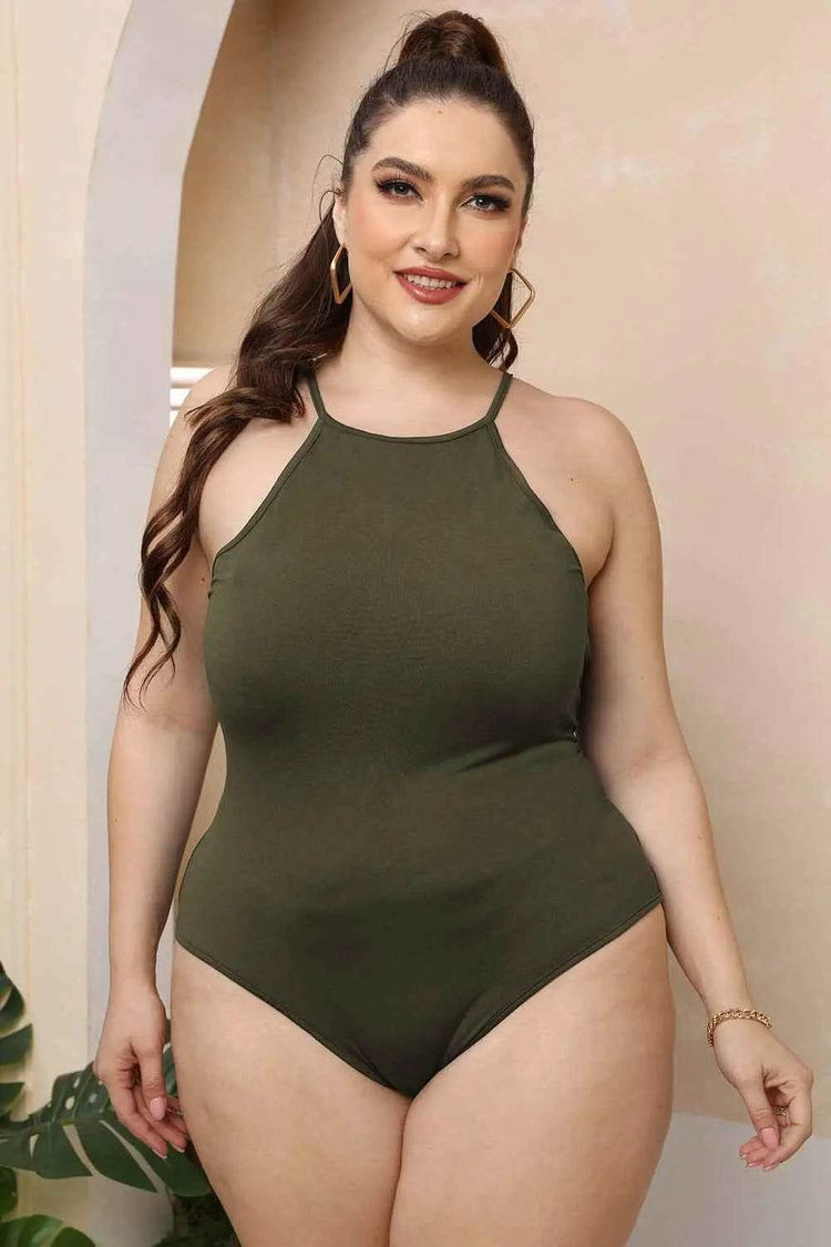 Plus Size Halter Neck Spaghetti Strap Bodysuit - GiFTiFY