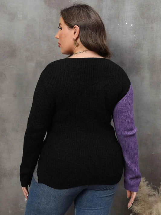 Plus Size Two-Tone Surplice Neck Sweater - GiFTiFY