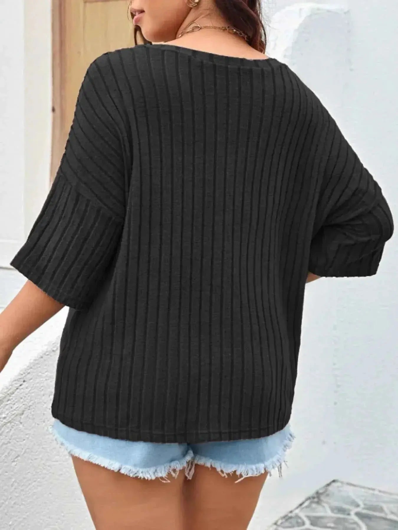 Plus Size V-Neck Ribbed Knit T-Shirt