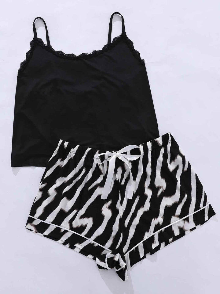 Plus Size Lace Trim Scoop Neck Cami and Printed Shorts Pajama Set - GiFTiFY