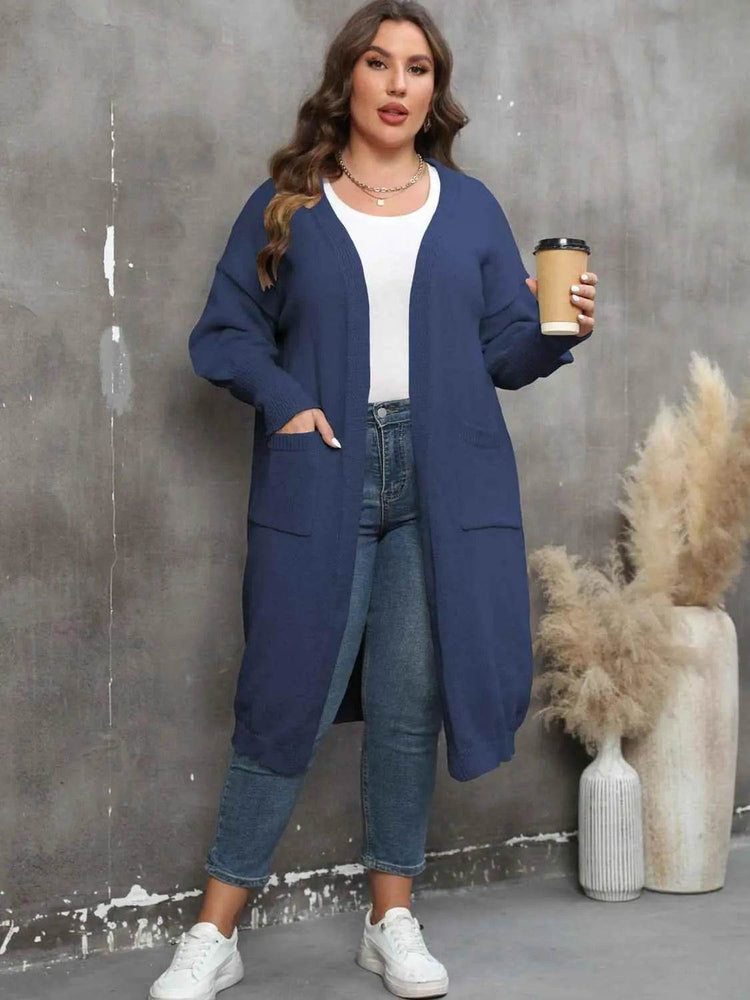 Plus Size Long Sleeve Pocketed Cardigan - GiFTiFY