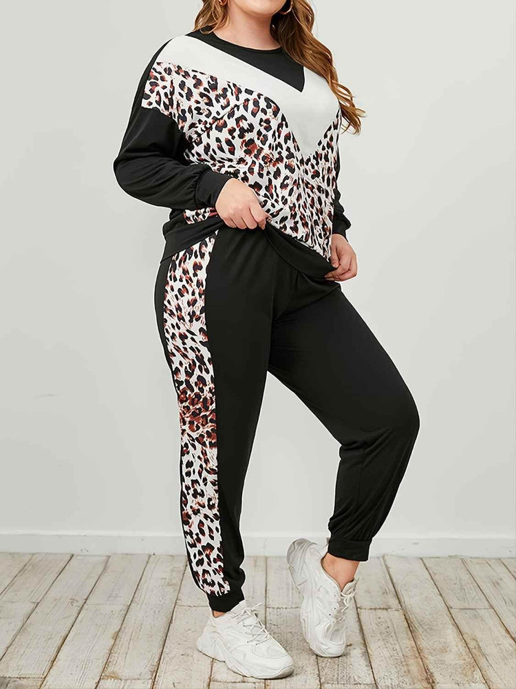Plus Size Leopard Sweatshirt and Sweatpants Set - GiFTiFY