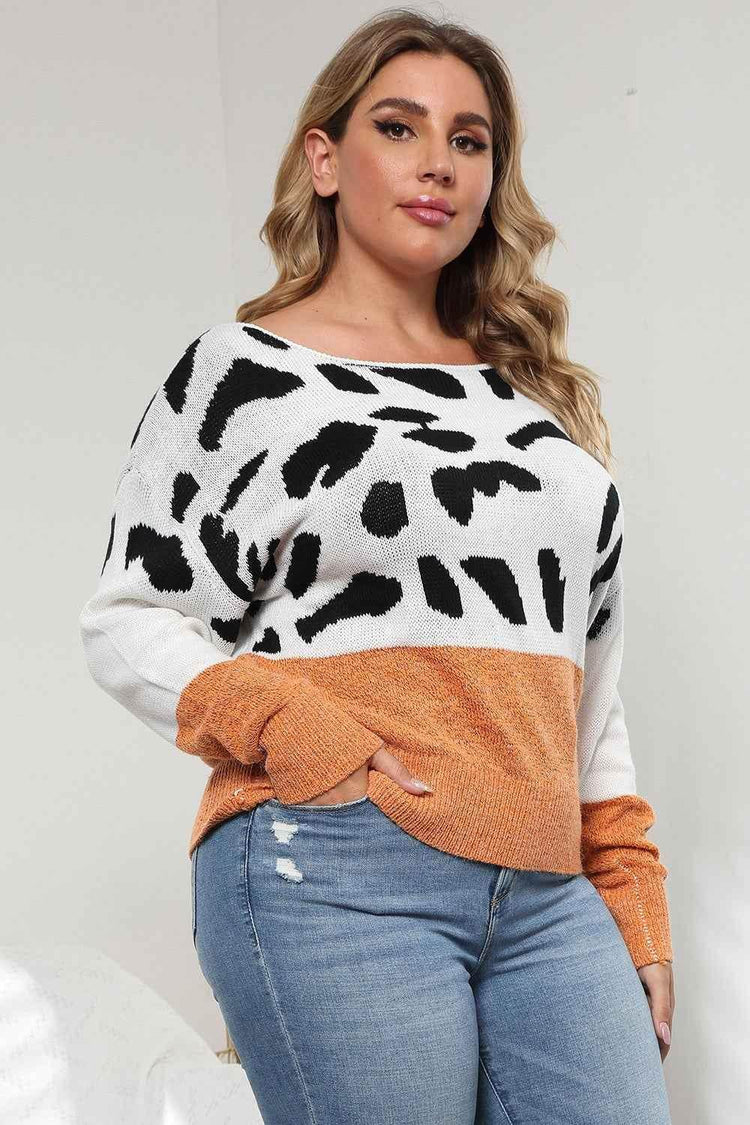 Plus Size Leopard Round Neck Long Sleeve Sweater - GiFTiFY