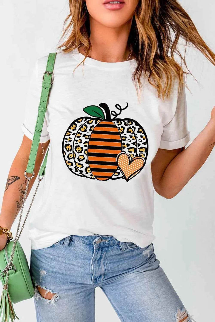 Pumpkin Graphic Round Neck Short Sleeve T-Shirt - GiFTiFY