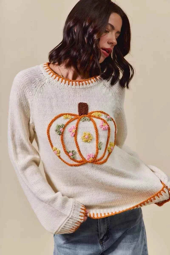 SO ME Pumpkin Floral Embroidered Thanksgiving Sweater - GiFTiFY